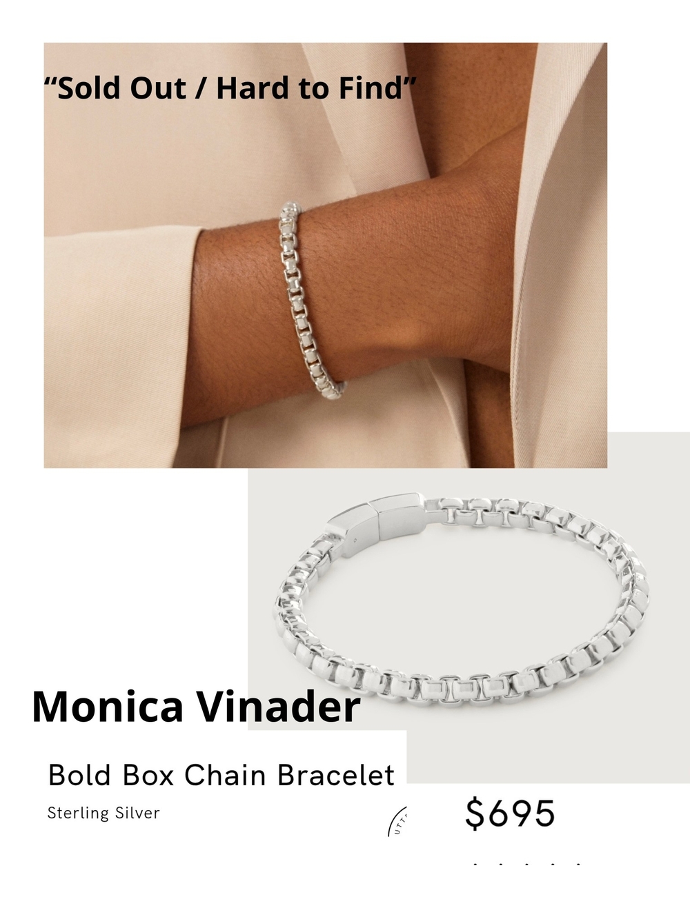 💯🌟Monica Vinader Silver Bold Box Chain Bracelet Very Good. #225G